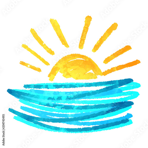 Watercolor sun, waves, sea