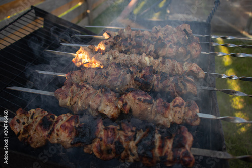Shish kebab on a skewer getting ready on a barbecue grill