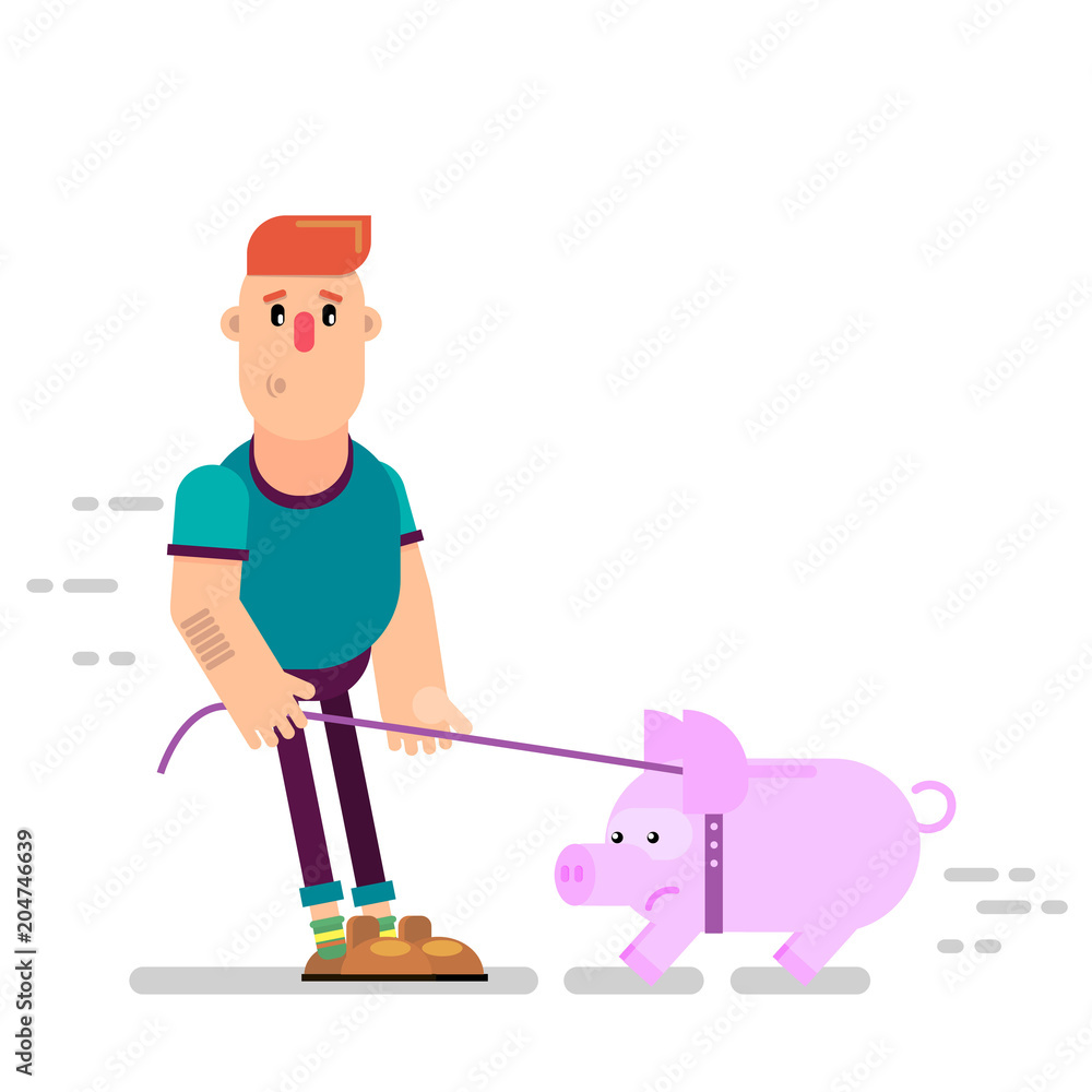 A person leads a piggy bank on a leash A person leads a piggy bank on a leash
