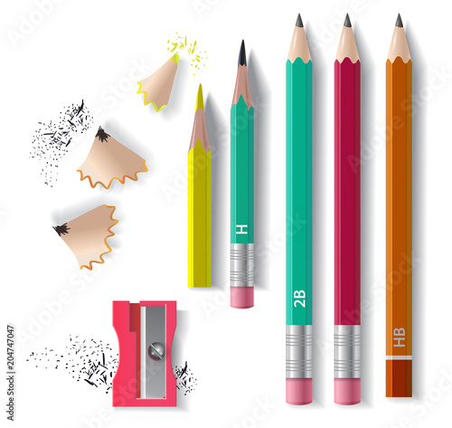 Graphite pencils set, sharpener and sharpening shavings. Design element. For banners, posters, leaflets and brochures.