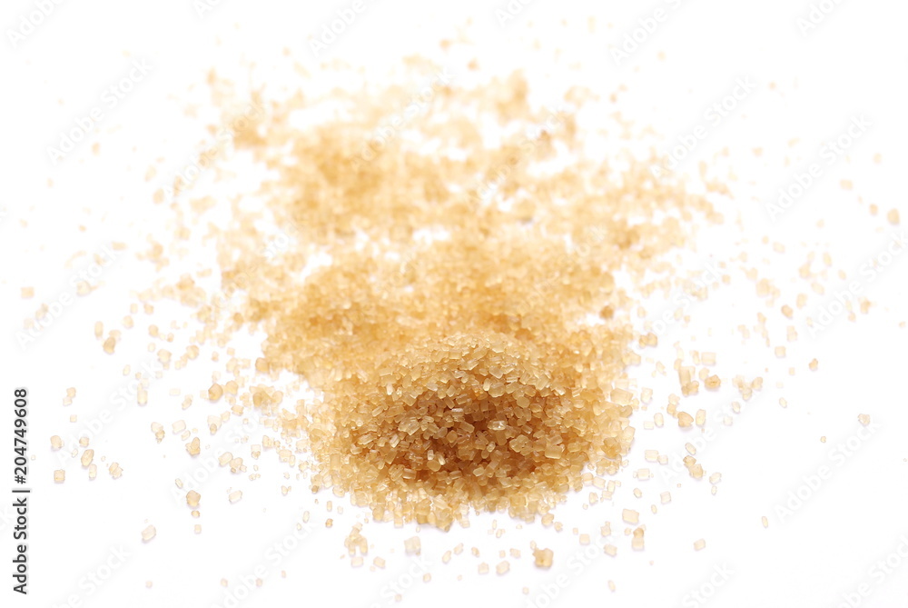 Pile brown sugar isolated on white background, sugarcane texture