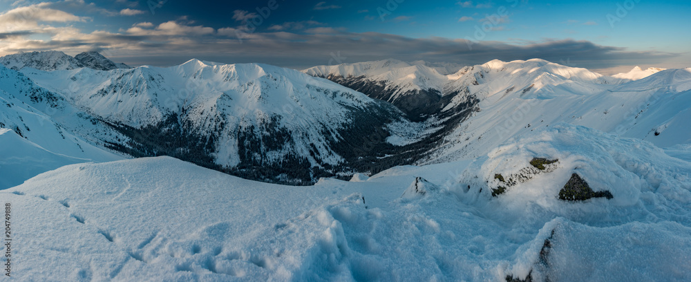 Morning panorama of Tatra Mountains in winter, Poland and Slovakia