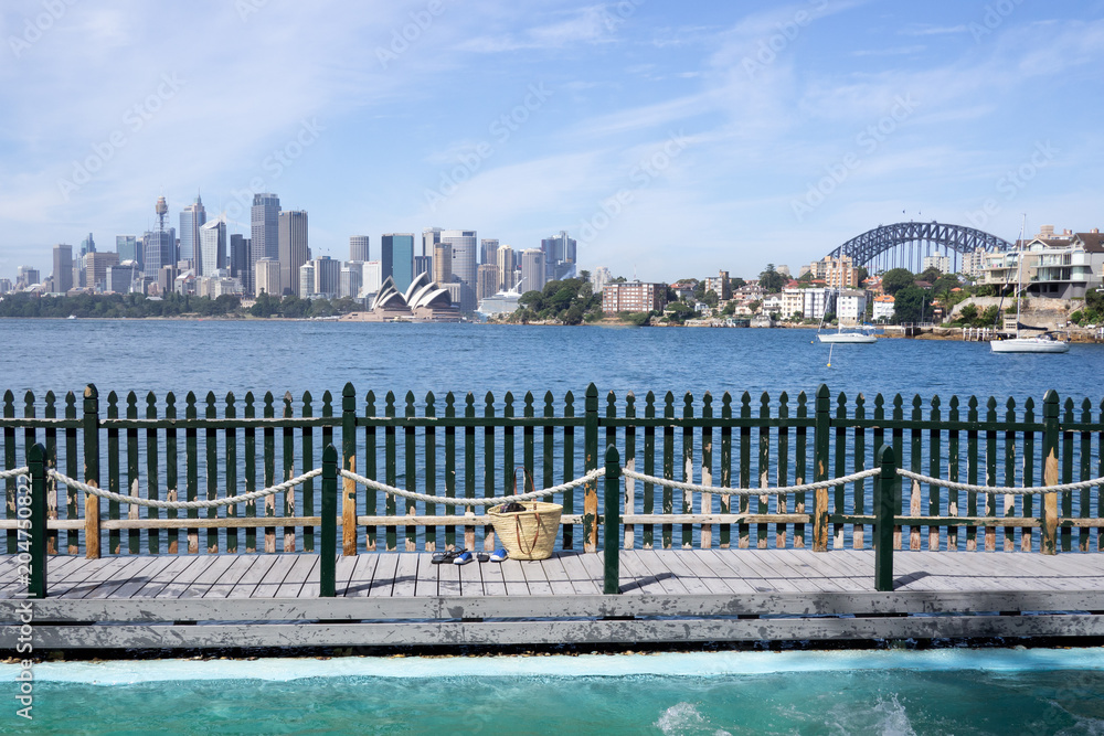 View of Sydney skyline taken from Maccallum Seawater Pool at Cremorne Point