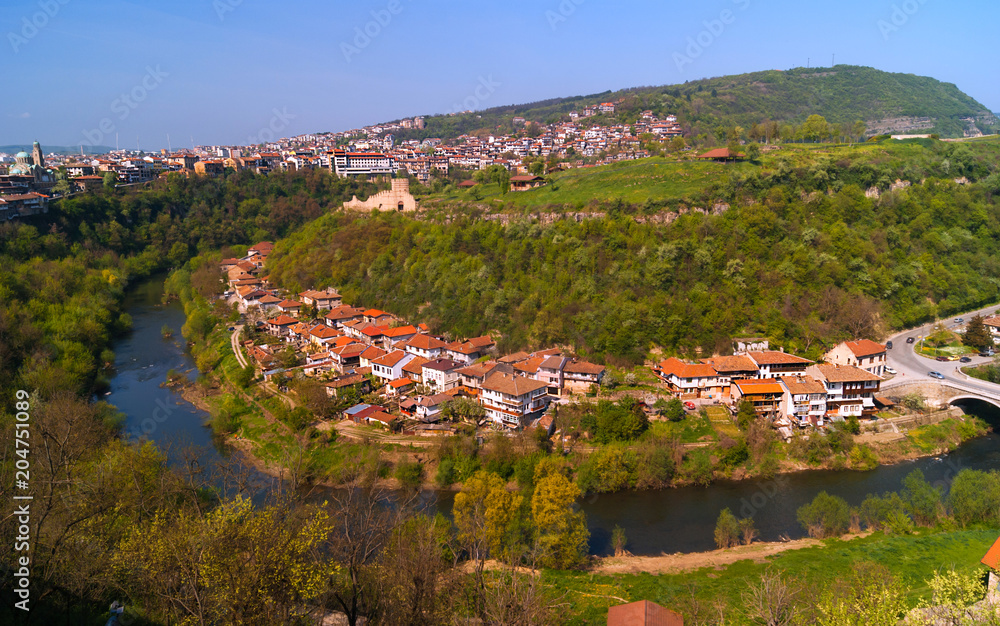 Typical architecture,historical medieval houses,Old city street view with colorful buildings in Veliko Tarnovo, Bulgaria