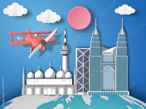 Paper art Malaysia infographic . Airplane flying to Malaysia.
