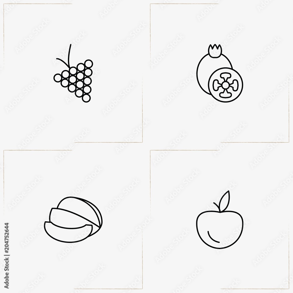Berries And Fruits line icon set with melon, pomegranate and grape