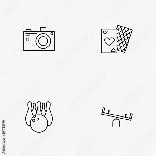 Entertaiment line icon set with game cards, bowling and swing