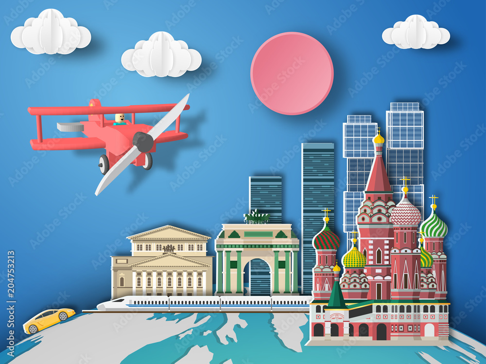 Fototapeta premium Paper art Moscow ,Russia infographic . Airplane flying to Russia.