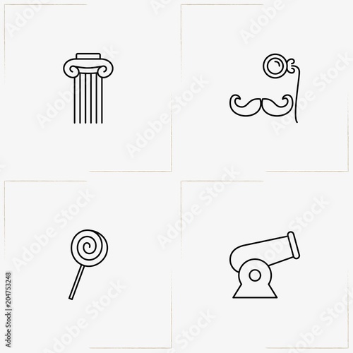 Carnival line icon set with mustache with spectacle mask , cannon  and lollipop