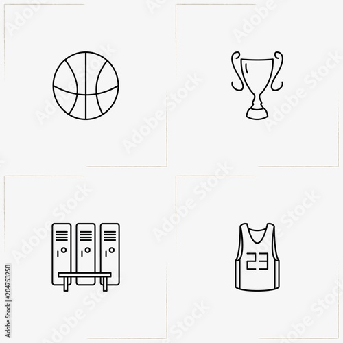 Basketball line icon set with basketball, trophy and locker room