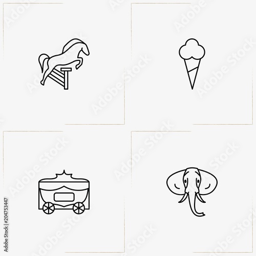 Circus line icon set with elephant, brougham  and horse