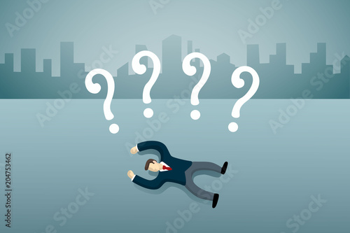 business man lie down on the floor with question mark.