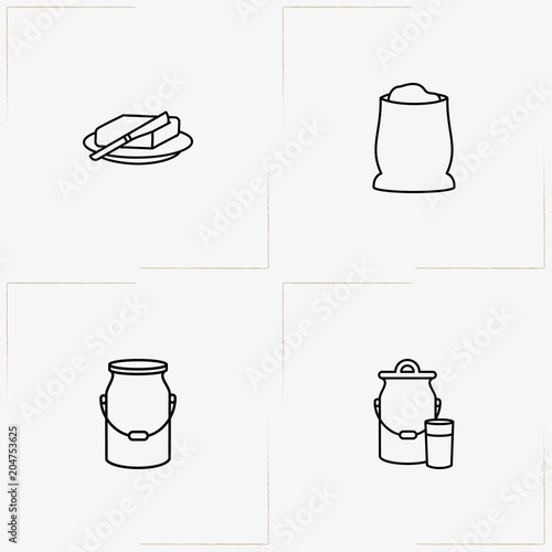 Bread & Milk line icon set with milk can , flour bag and butter