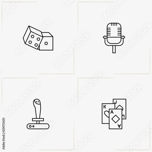 Entertaiment line icon set with game joystick, microphone and dice