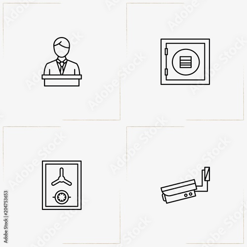 Criminal line icon set with video surveillance, safe and witness