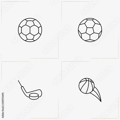 Balls line icon set with soccer ball, basketball and hockey stick