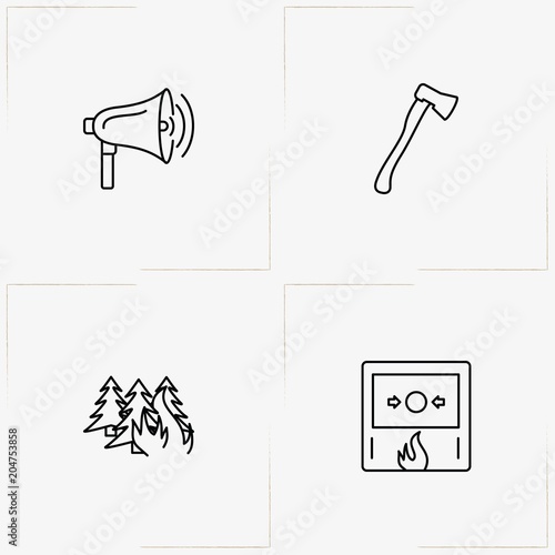 Firefighter line icon set with fire alert, wildfire and hatchet