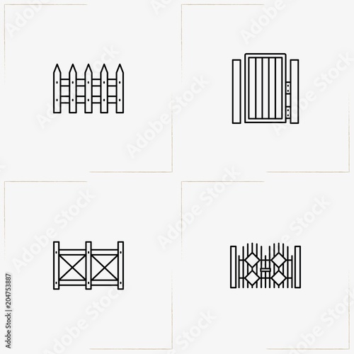 Fences And Wickets line icon set with wicket, fence and gate