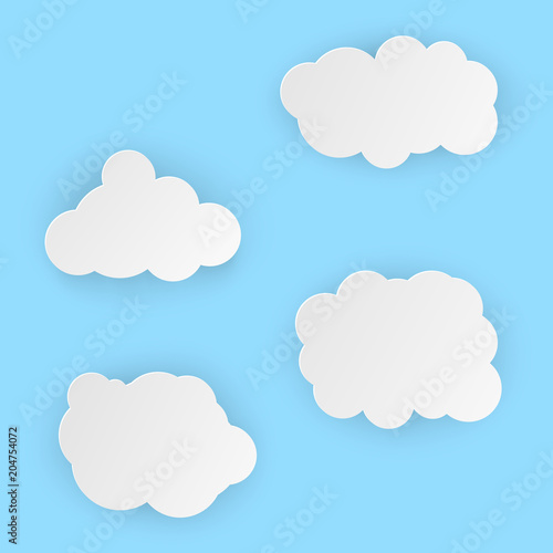 Vector illustration, white simple clouds in papercut style with transparent shadows isolated on blue background