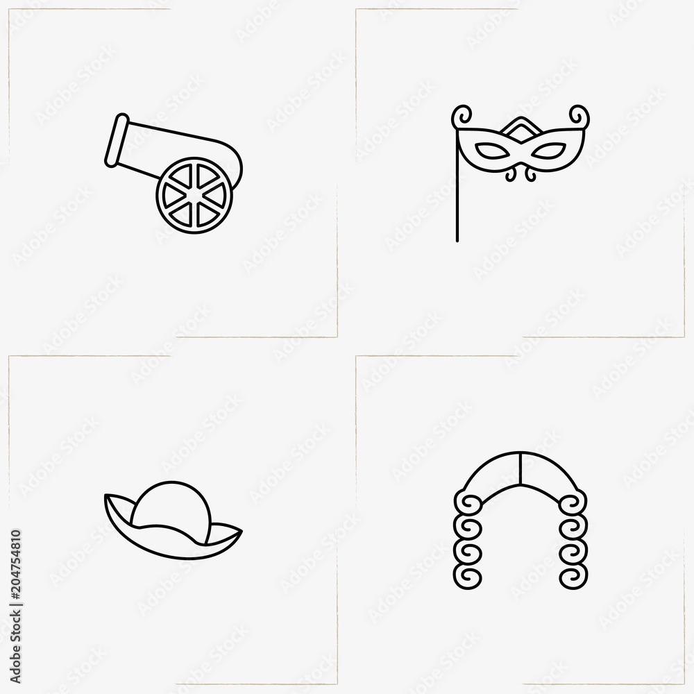 Carnival line icon set with cannon , carnival lady mask and periwig Carnival line icon set with cannon , carnival lady mask and periwig