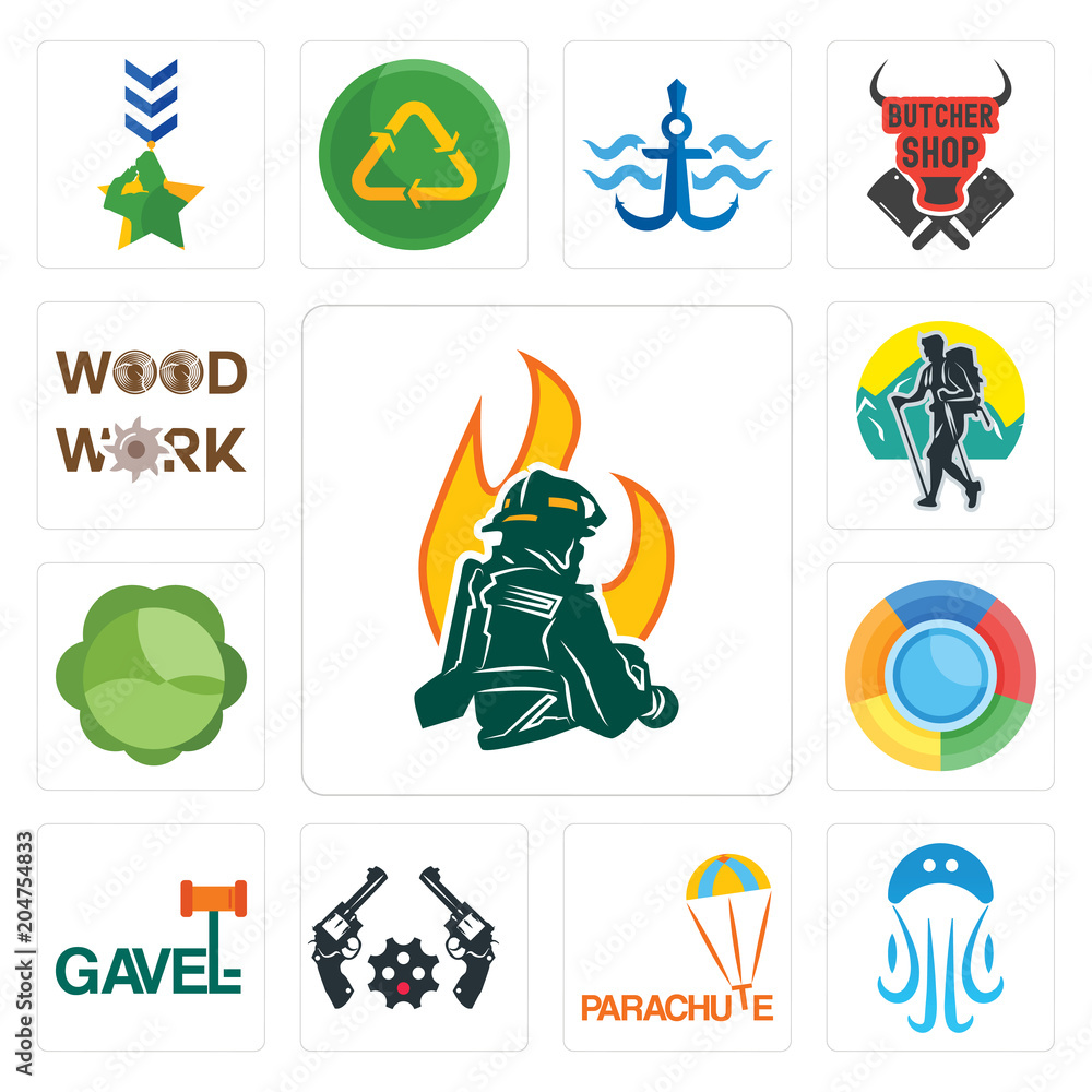 Fototapeta premium Set of firemen, jellyfish, parachute, revolver, gavel, , cabbage, trekking, woodwork icons