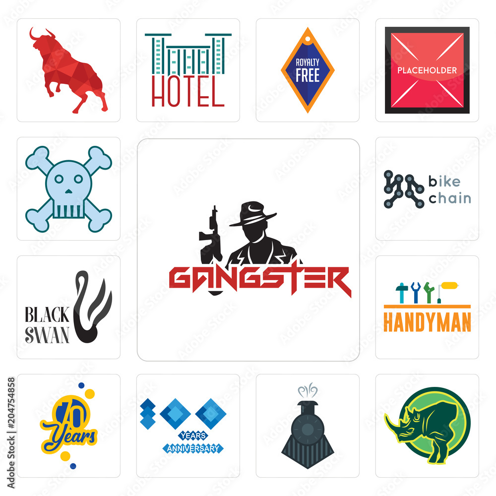 Fototapeta premium Set of gangster, rhino, locomotive, 100 year anniversary, 70 years, handyman, black swan, bike chain, skull and crossbones icons