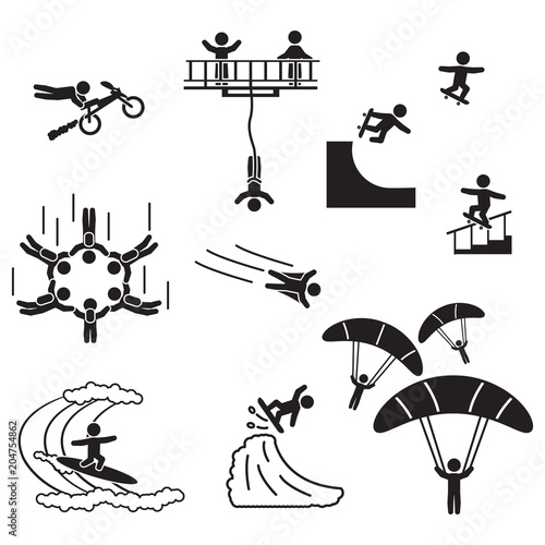 Extreme sports icon set. People performing extreme sports icons. Vector.