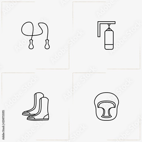 Boxing line icon set with jumping rope, boxing shoe and punching bag
