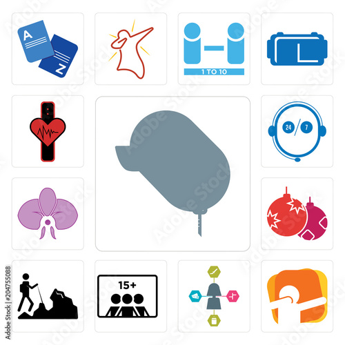 Set of car dealer, dab, travel agent, number players, hiker, christmas bulb, orchid, live support, tracker icons