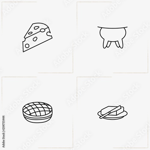 Bread & Milk line icon set with udder, cheese and butter