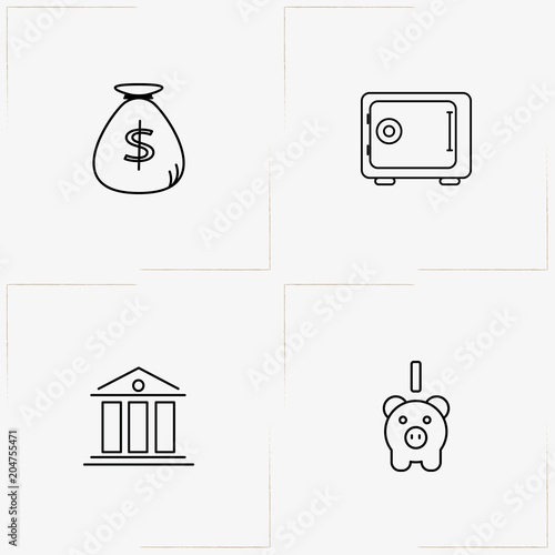 Finance line icon set with safe, bank and thrift box