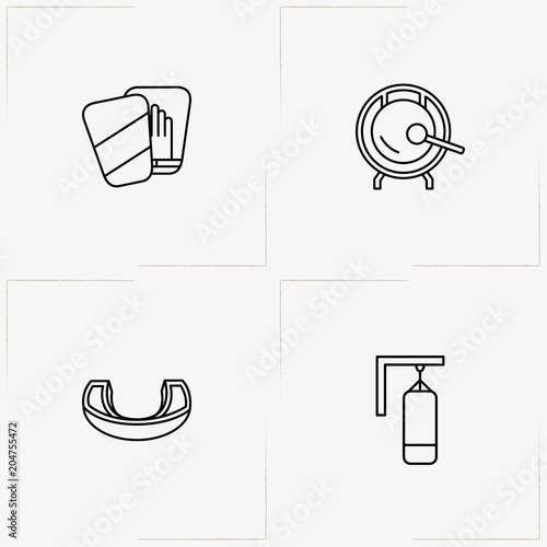 Boxing line icon set with boxing paw, boxing gong and mouth guard