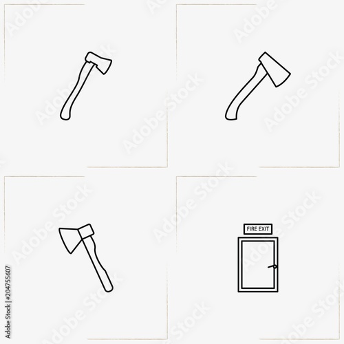Firefighter line icon set with hatchet and fire emergency  exit