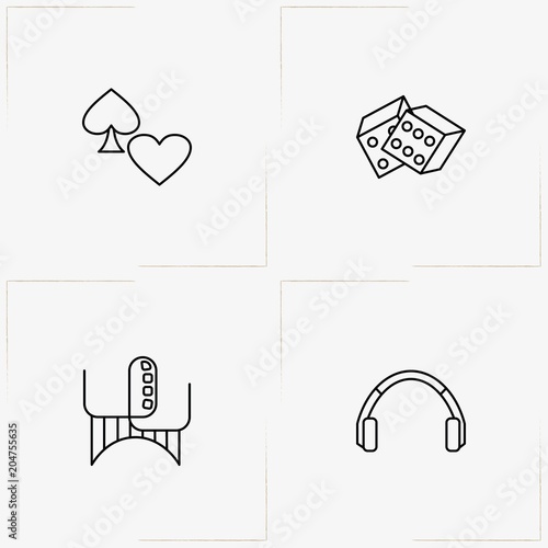 Entertaiment line icon set with headphone, dice and game cards