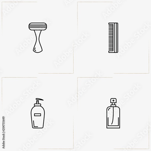 Bathroom line icon set with perfume  comb and liquid soap