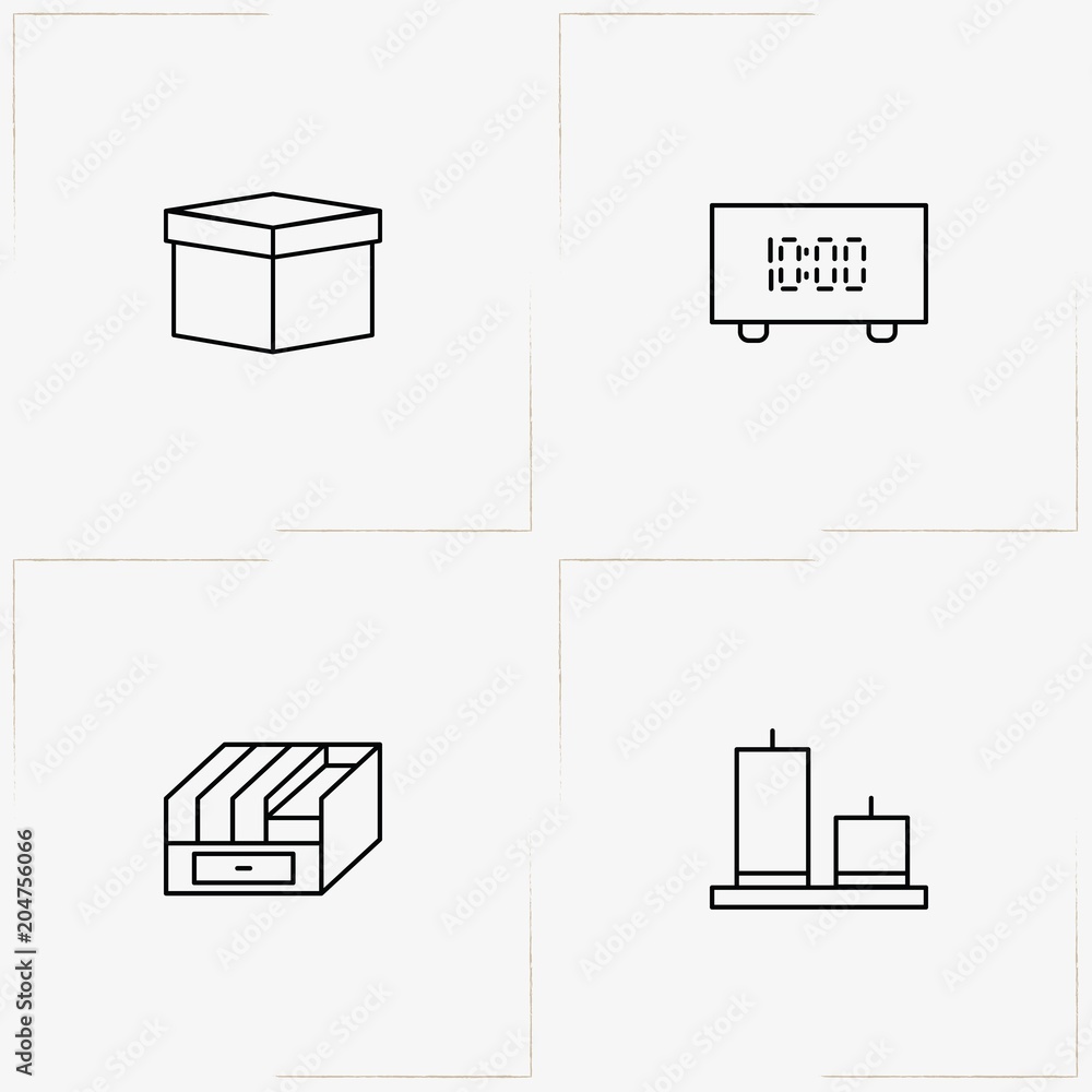 Decor line icon set with card file, candle and table electronic watch Decor line icon set with card file, candle and table electronic watch