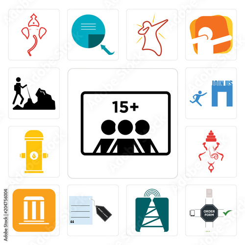 Set of number players, order form, cell tower, request a quote, municipality, ganesh, fire hydrant, join us, hiker icons