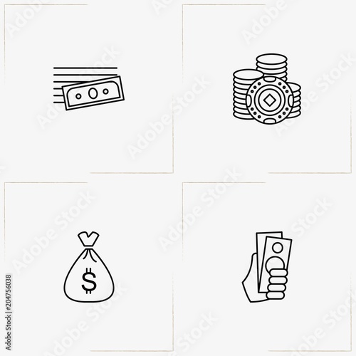 Casino line icon set with money, casino chips  and money bag