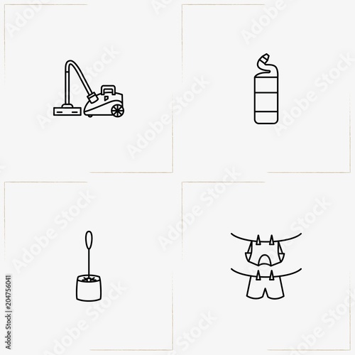 Cleaning line icon set with vacuum cleaner , clothes hanging rope  and toilet cleaner