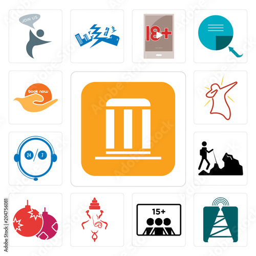 Set of municipality, cell tower, number players, ganesh, christmas bulb, hiker, live support, dab, book now icons