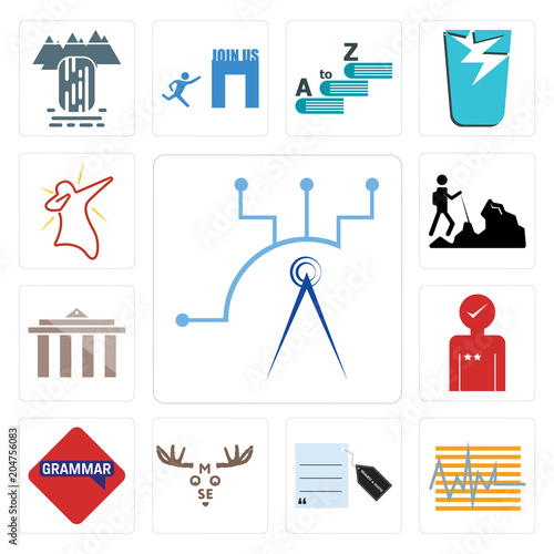 Set of telecom, tracker, request a quote, moose, grammar, customer experience, municipality, hiker, dab icons