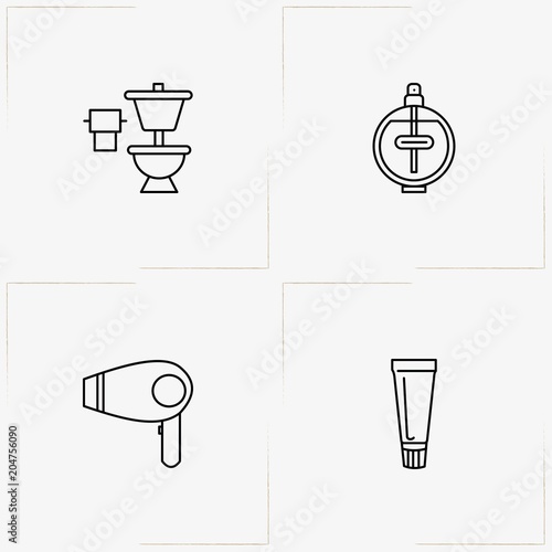 Bathroom line icon set with cream tube, hair dryer and perfume