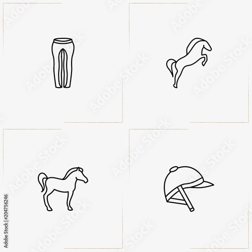 Equestrian Sport line icon set with jockey helmet , horse and jockey uniform