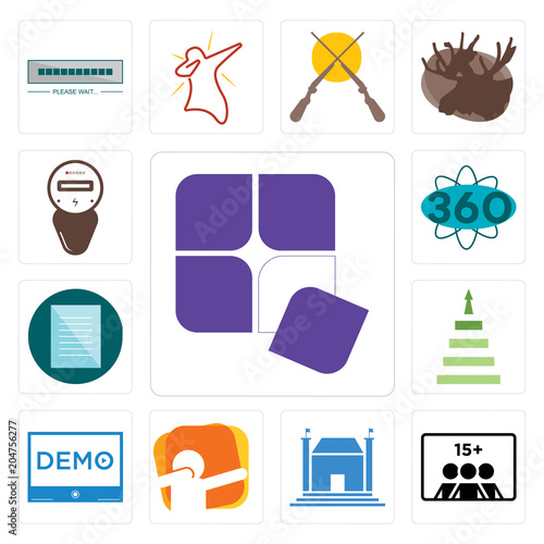 Set of adaptability, number players, municipal, dab, demo, next steps, specification, 360 degree, electric meter icons