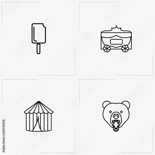 Circus line icon set with brougham , bear and ice cream