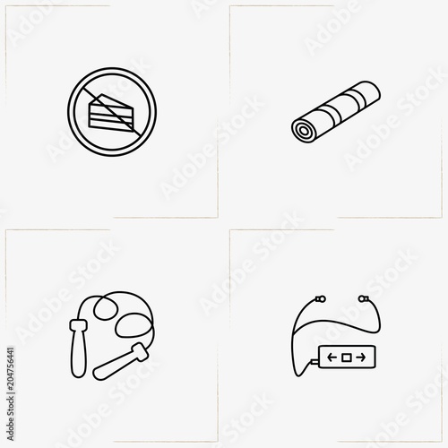 Fitness line icon set with music player, training mat  and skipping rope