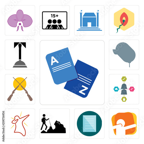 Set of vocabulary, dab, specification, hiker, travel agent, shotgun, car dealer, concierge icons