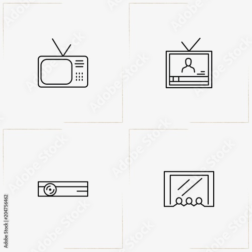 Cinema line icon set with projector, cinema hall  and television
