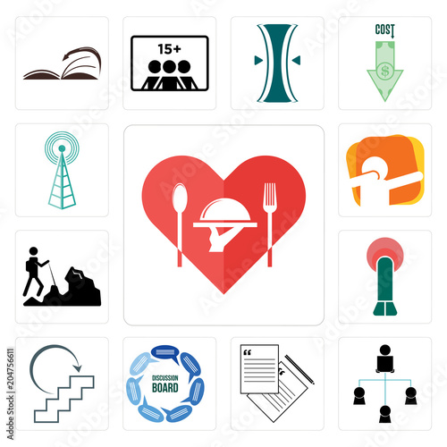 Set of hospitality, distributor, request a quote, discussion board, next steps, penetration, hiker, dab, cell tower icons