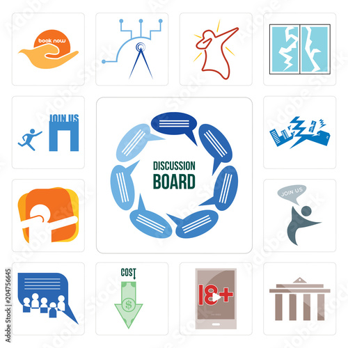 Set of discussion board, municipality, xxx, cost uction, join us, dab, earthquake, us icons